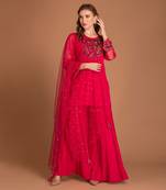 Hot Pink Sharara With Multi Colour Embroidery A Tweed On Kurta & Mukaish Work On The Tuelle Dupatta
