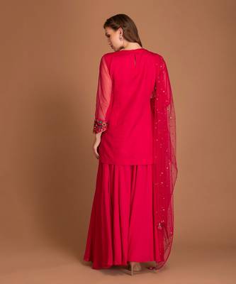 Hot Pink Sharara With Multi Colour Embroidery A Tweed On Kurta & Mukaish Work On The Tuelle Dupatta 2