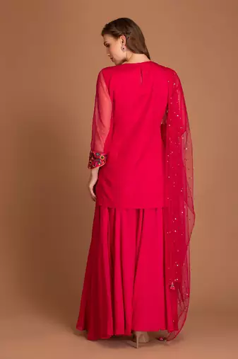Hot Pink Sharara With Multi Colour Embroidery A Tweed On Kurta & Mukaish Work On The Tuelle Dupatta