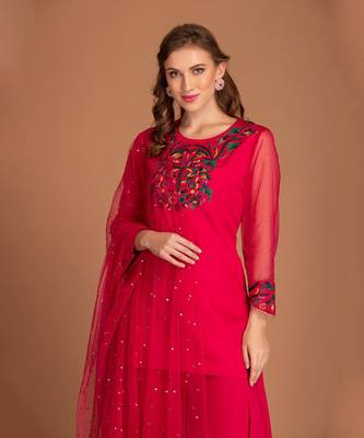 Hot Pink Sharara With Multi Colour Embroidery A Tweed On Kurta & Mukaish Work On The Tuelle Dupatta 3