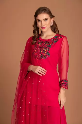 Hot Pink Sharara With Multi Colour Embroidery A Tweed On Kurta & Mukaish Work On The Tuelle Dupatta