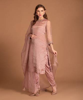 Mauve Chalk Kurta With Stripe Details & Embellishment On Sleeves & Neck 1