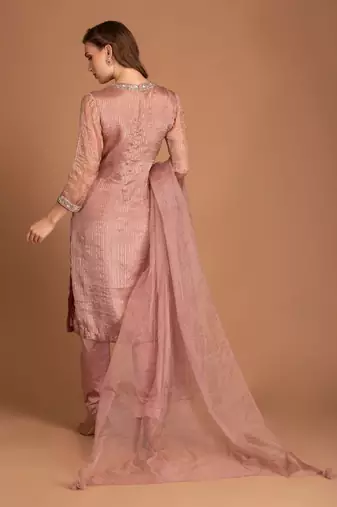 Mauve Chalk Kurta With Stripe Details & Embellishment On Sleeves & Neck