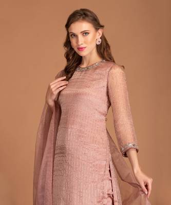 Mauve Chalk Kurta With Stripe Details & Embellishment On Sleeves & Neck 3