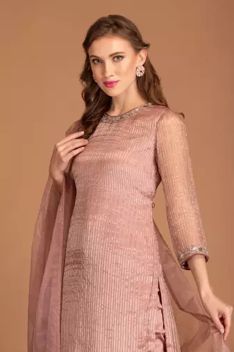 Mauve Chalk Kurta With Stripe Details & Embellishment On Sleeves & Neck
