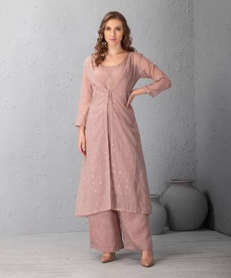 Mauve Chalk Kurta In Jacket With Stripe Inner & Palazzo 1