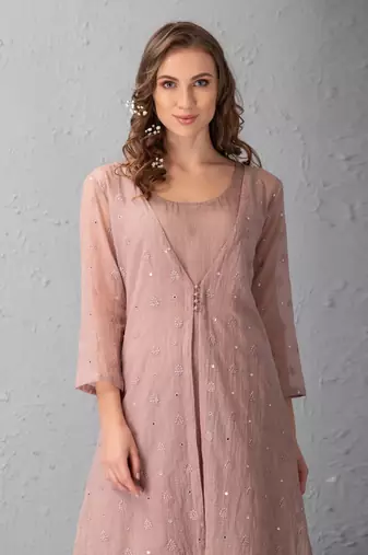 Mauve Chalk Kurta In Jacket With Stripe Inner & Palazzo