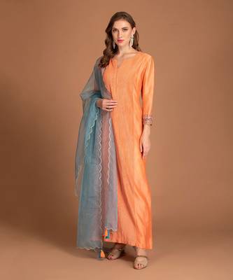 Orange Bloom Kurta With Front Pleating & Contrast Dupatta 1
