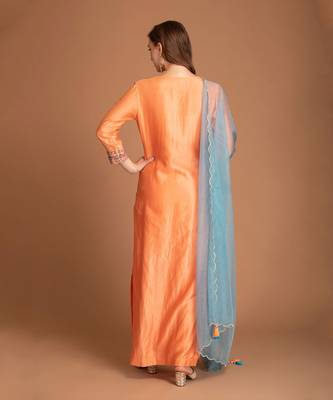 Orange Bloom Kurta With Front Pleating & Contrast Dupatta 2