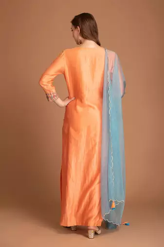 Orange Bloom Kurta With Front Pleating & Contrast Dupatta