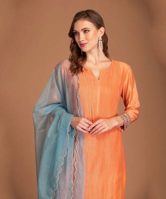 Orange Bloom Kurta With Front Pleating & Contrast Dupatta 3
