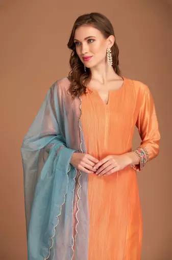 Orange Bloom Kurta With Front Pleating & Contrast Dupatta
