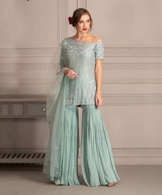 Ice Blue Sharara With One Shoulder Tunic In Hand Work Of Sequin Clubbed With Tuelle Dupatta 1