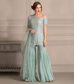 Ice Blue Sharara With One Shoulder Tunic In Hand Work Of Sequin Clubbed With Tuelle Dupatta