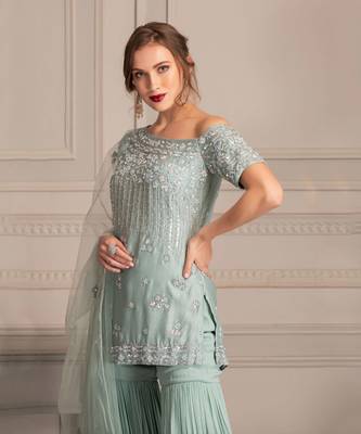Ice Blue Sharara With One Shoulder Tunic In Hand Work Of Sequin Clubbed With Tuelle Dupatta 2