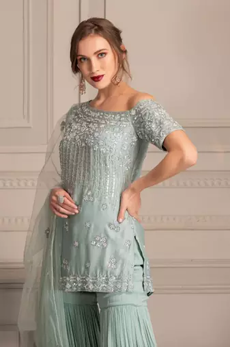 Ice Blue Sharara With One Shoulder Tunic In Hand Work Of Sequin Clubbed With Tuelle Dupatta