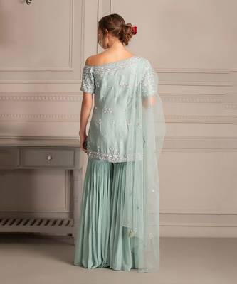 Ice Blue Sharara With One Shoulder Tunic In Hand Work Of Sequin Clubbed With Tuelle Dupatta 3