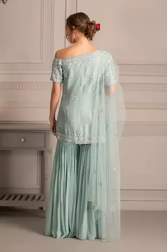 Ice Blue Sharara With One Shoulder Tunic In Hand Work Of Sequin Clubbed With Tuelle Dupatta