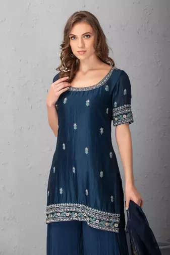 Midnight Blue Sharara With Hand Crafted Dabka And Resham Tunic Clubbed With Silk Organza Dupatta