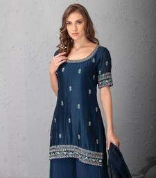 Midnight Blue Sharara With Hand Crafted Dabka And Resham Tunic Clubbed With Silk Organza Dupatta