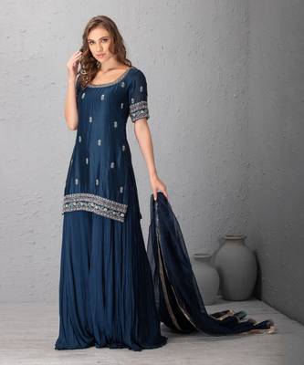 Midnight Blue Sharara With Hand Crafted Dabka And Resham Tunic Clubbed With Silk Organza Dupatta 1