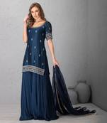 Midnight Blue Sharara With Hand Crafted Dabka And Resham Tunic Clubbed With Silk Organza Dupatta