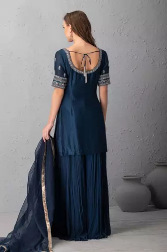 Midnight Blue Sharara With Hand Crafted Dabka And Resham Tunic Clubbed With Silk Organza Dupatta