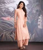 Peach Bloom Chanderi Silk Kurta With Hand Embroidered Floral Motifs Clubbed With Chanderi Silk Pants