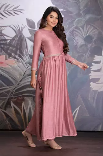 Ash Rose Silk Kurta With Side Adjustors And Cotton Lycra Pants