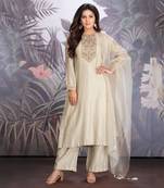 Baize Green Chanderi Silk Kurta In Hand Work Of Resham Clubbed With Chanderi Silk Pants And Silk Organza Dupatta.