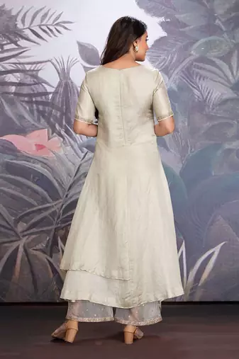 Baize Green Silk Linen Tunic With Cowl Details And Organza Pants With Dabka Work
