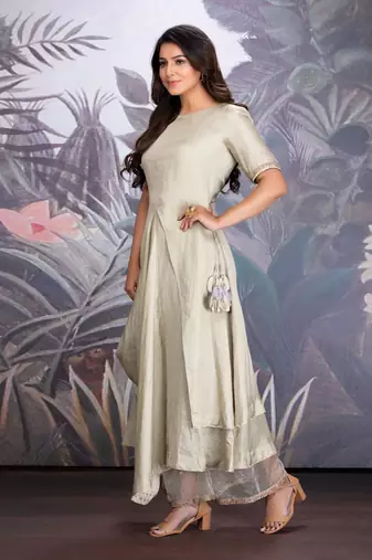 Baize Green Silk Linen Tunic With Cowl Details And Organza Pants With Dabka Work