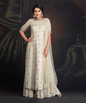 Baize Green Silk Linen High Slit Tunic With Georgette Palazzo And Mukaish Dupatta 1