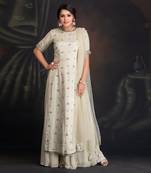 Baize Green Silk Linen High Slit Tunic With Georgette Palazzo And Mukaish Dupatta