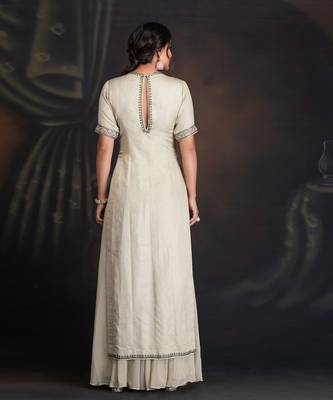 Baize Green Silk Linen High Slit Tunic With Georgette Palazzo And Mukaish Dupatta 2