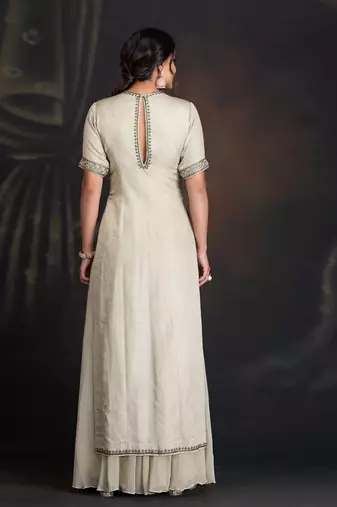 Baize Green Silk Linen High Slit Tunic With Georgette Palazzo And Mukaish Dupatta