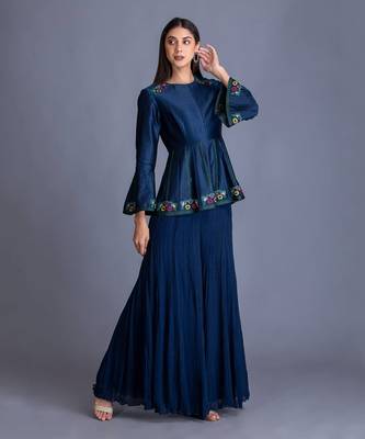 Look Young In Our Midnight Blue Top With Resham Work & Crinkled Palazzo Set 1
