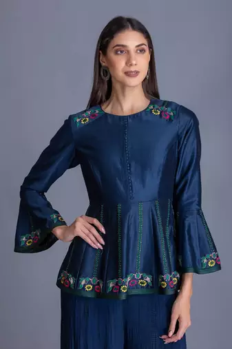 Look Young In Our Midnight Blue Top With Resham Work & Crinkled Palazzo Set