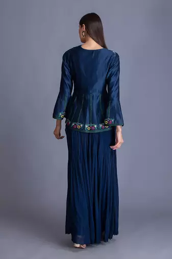 Look Young In Our Midnight Blue Top With Resham Work & Crinkled Palazzo Set