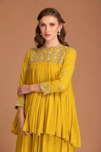 Jasmine Yellow Kedia Top With Sequin Work Embellishment Clubbed With Kalidar Palazzo