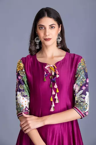 Magenta Purple Anarkali With Printed From Pichawi With Hand Embellishment Clubbed Chudidar