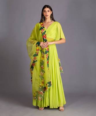 Neon Green Flared Anarkali With Applique Work Multicolour Dupatta To Refresh Your Wardrobe 1