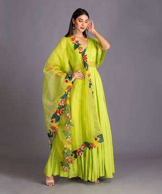 Neon Green Flared Anarkali With Applique Work Multicolour Dupatta To Refresh Your Wardrobe 2