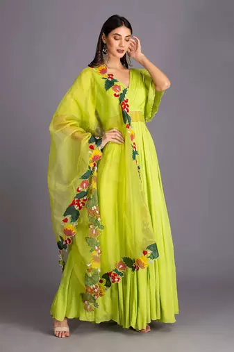 Neon Green Flared Anarkali With Applique Work Multicolour Dupatta To Refresh Your Wardrobe