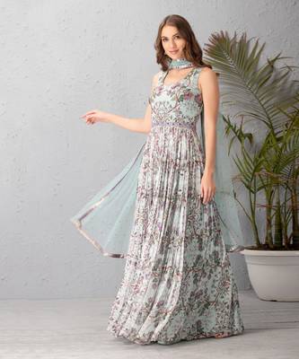 Floral Ice Blue Anarkali Set Clubbed With Mukaish Net Dupatta 1