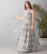 Floral Ice Blue Anarkali Set Clubbed With Mukaish Net Dupatta