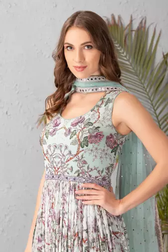 Floral Ice Blue Anarkali Set Clubbed With Mukaish Net Dupatta