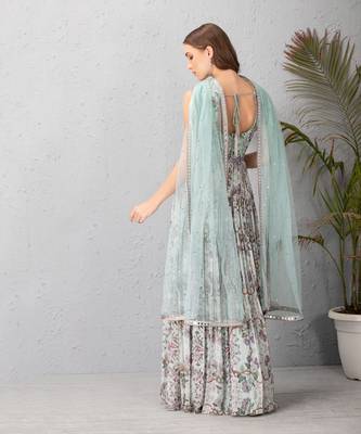 Floral Ice Blue Anarkali Set Clubbed With Mukaish Net Dupatta 3