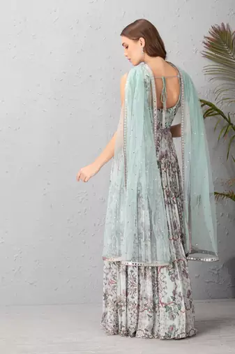 Floral Ice Blue Anarkali Set Clubbed With Mukaish Net Dupatta
