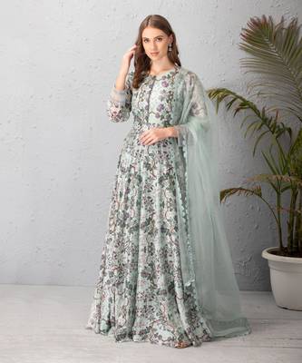 Ice Blue Anarkali Floral Dress With Organza Dupatta 1